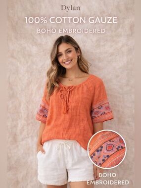 Dylan 100% Cotton Gauze Boho Blouse Embroidered Sleeve Tassel Top M